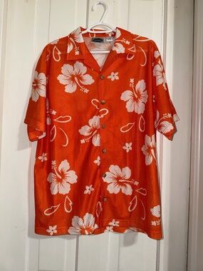 Men's‎ street culture size large Orange Floral Hawaiian Shirt breathable summer